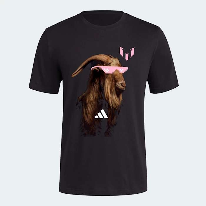 A black adidas shirt with a goat wearing pink sunglasses.
